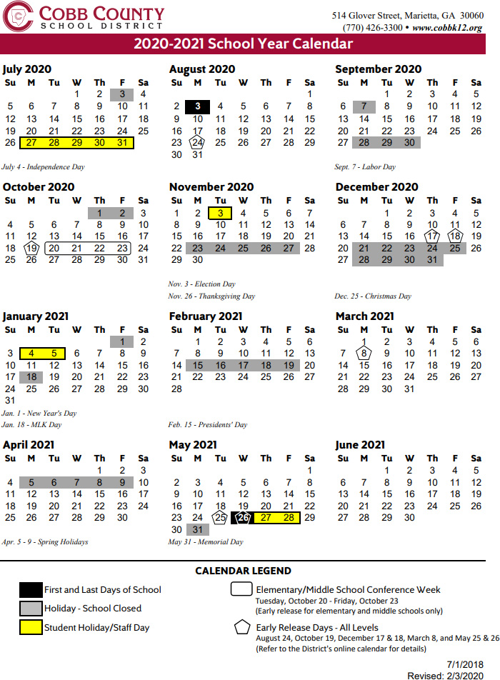 Cobb County School Calendar 2021 Cobb County School Calendar 2020   2021 (Academic Calendar)