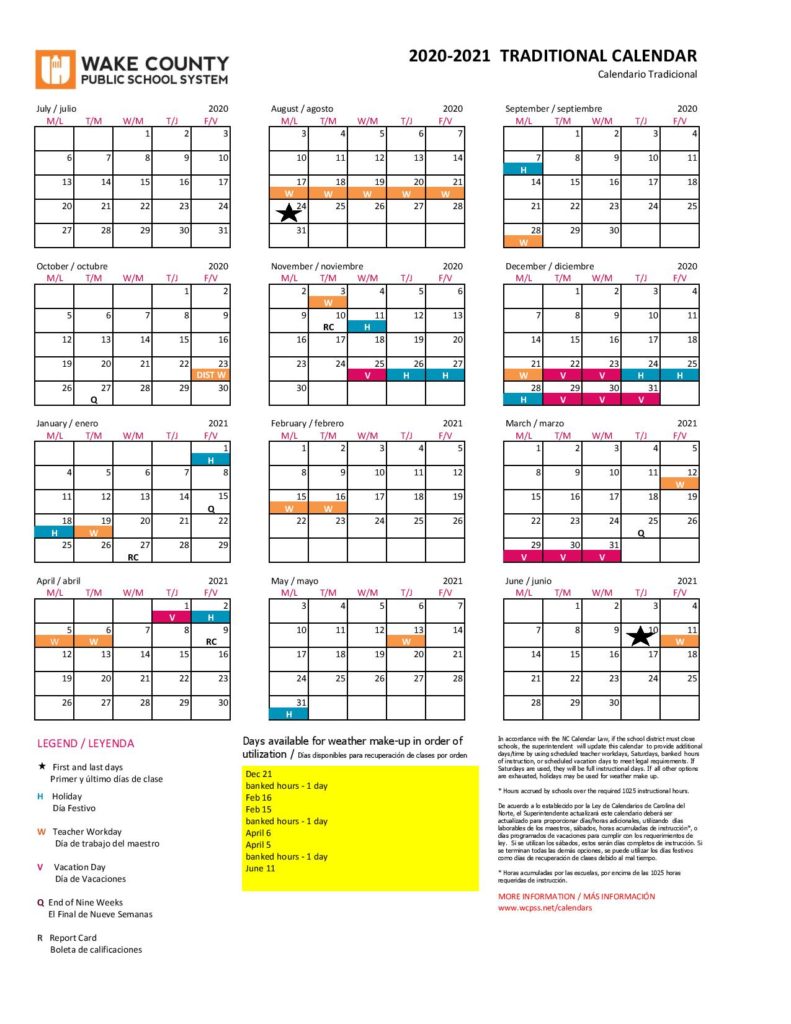 2020 And 2021 School Calendar Wake County