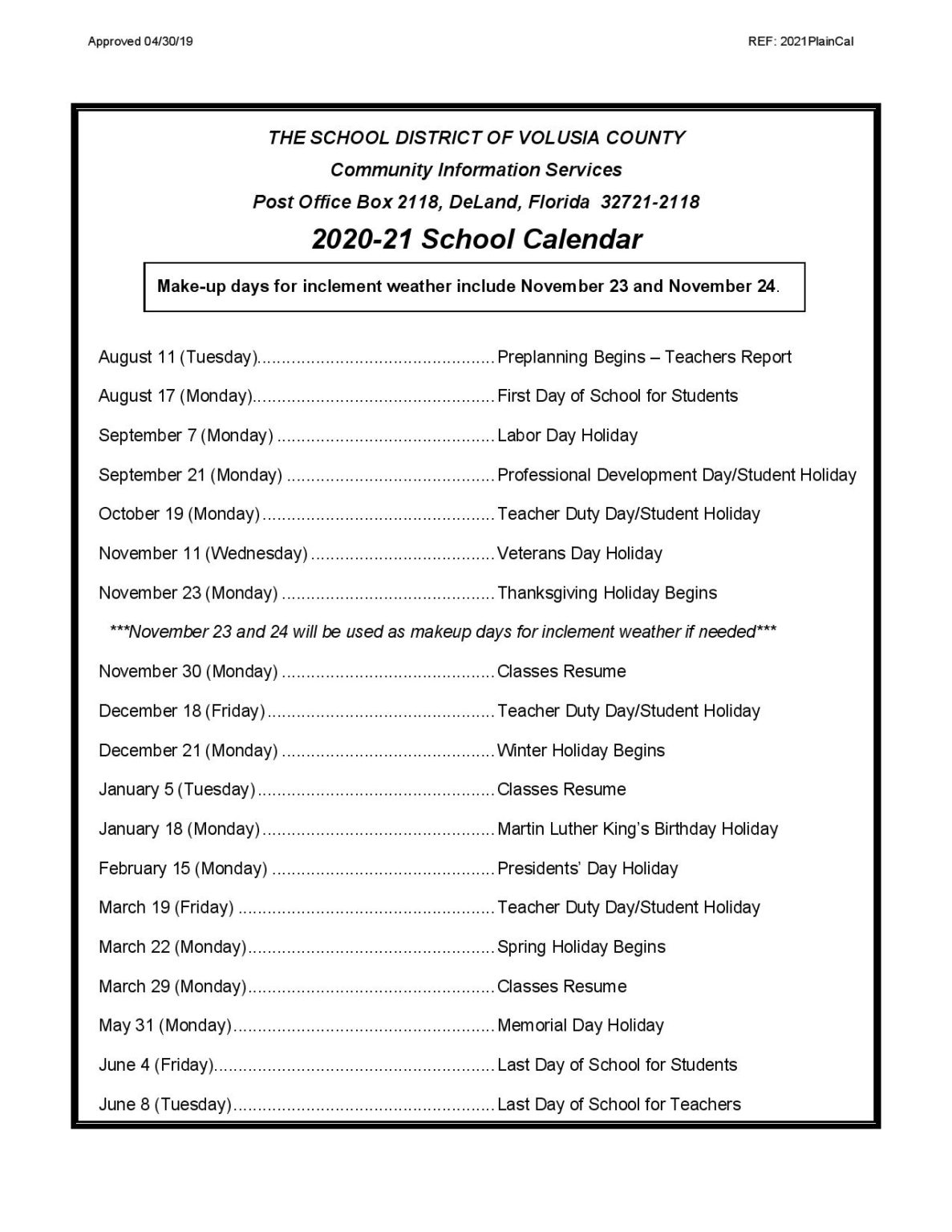 Volusia County Schools Calendar 20202021 in PDF