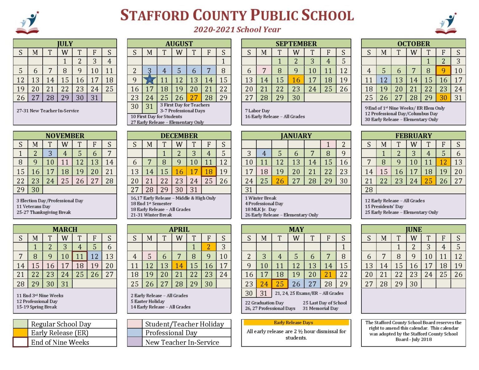 Stafford County Public Schools Calendar 2020-2021