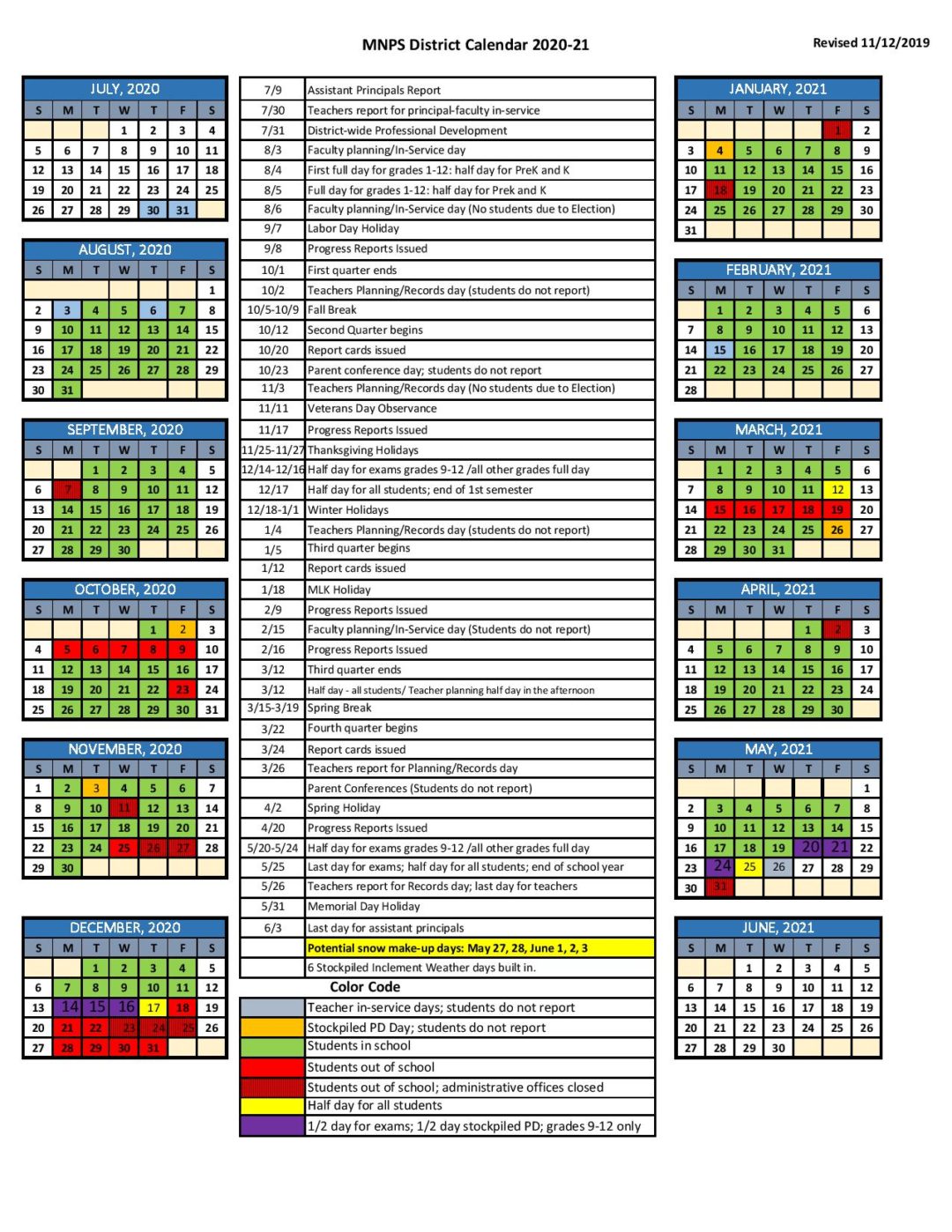 Metro Nashville Public Schools Calendar 2020 2021