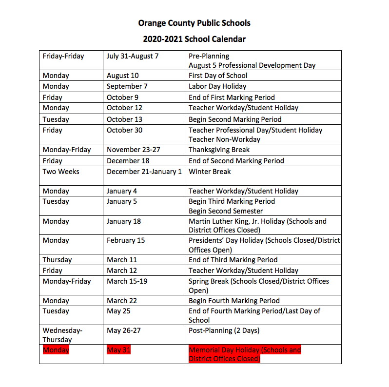 Orange County Public Schools Calendar 2020 2021