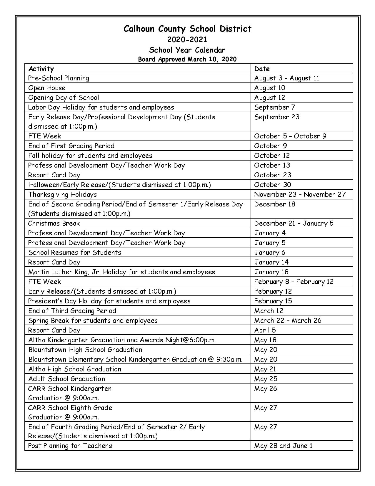 Calhoun Academic Calendar Auction Calendar JoeBurns