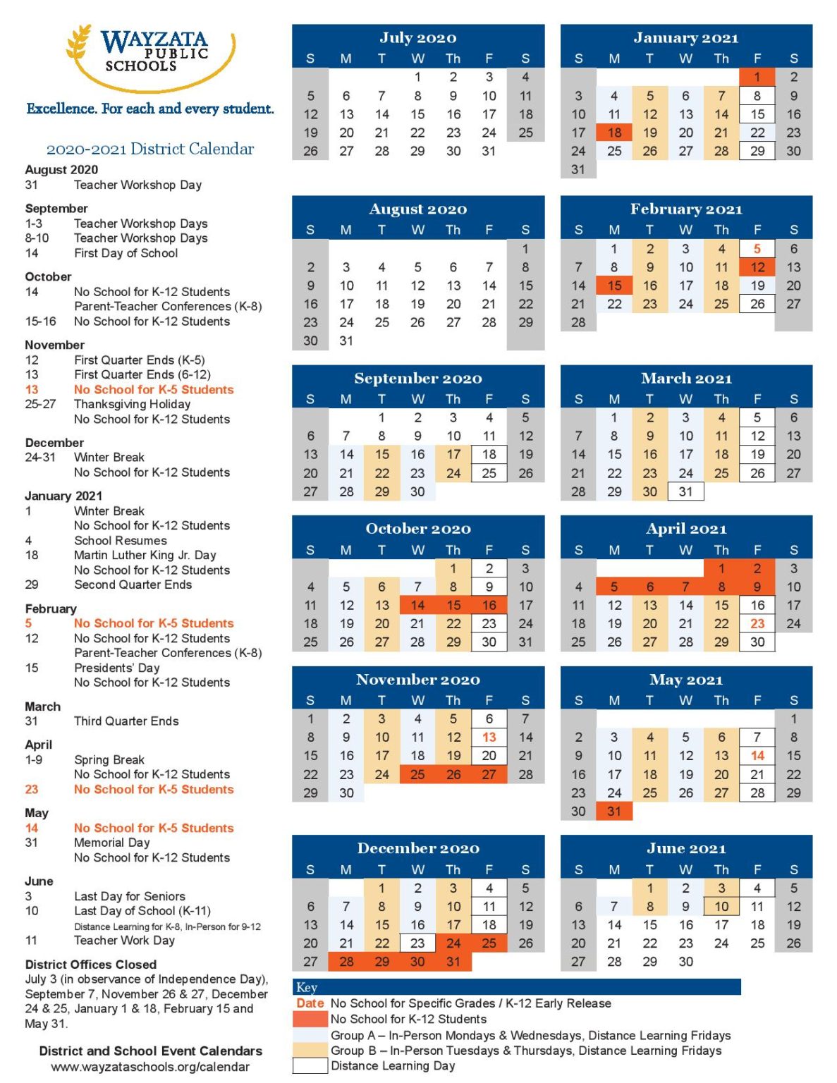 Wayzata Public Schools Calendar 2020-2021 in PDF