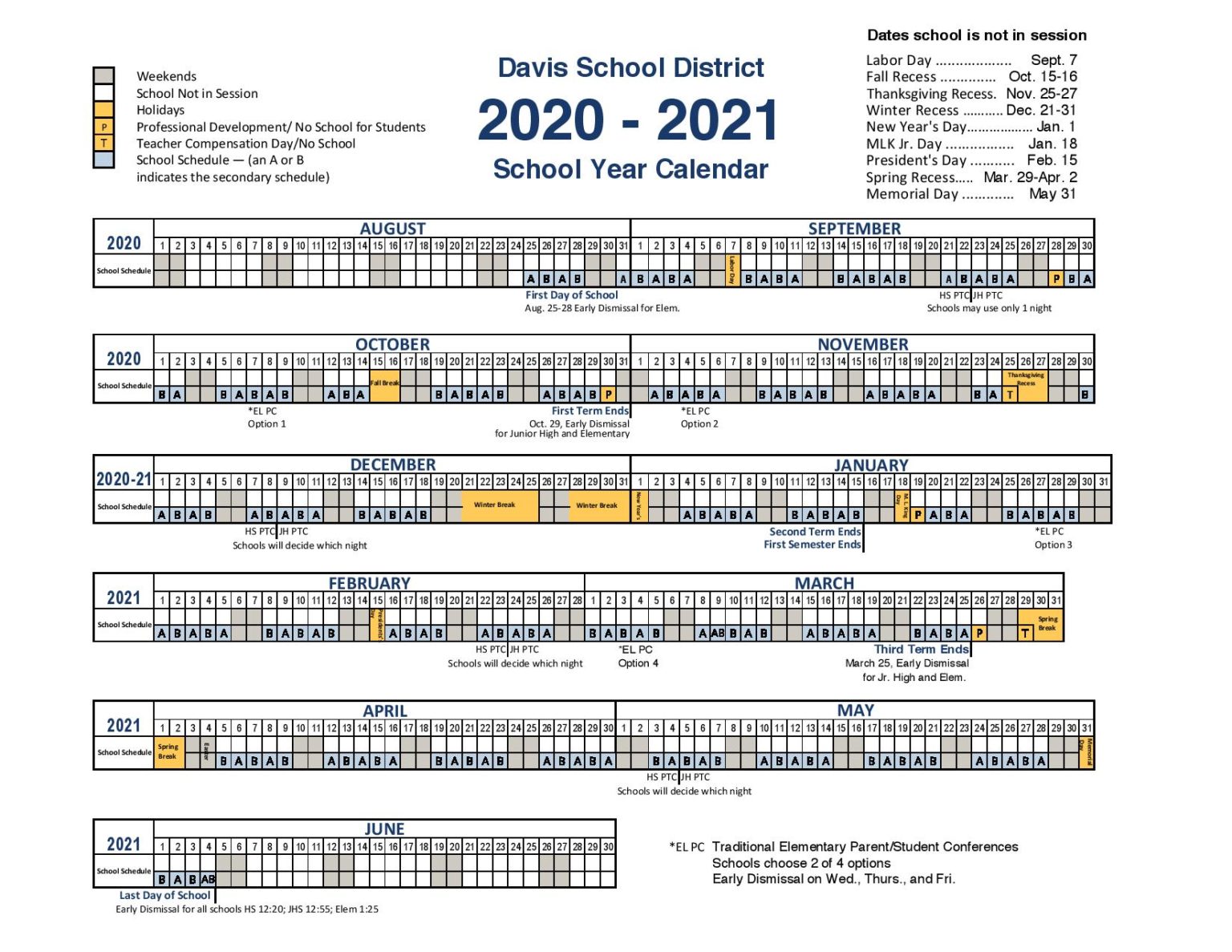 Davis School District Calendar 20202021 in PDF Format