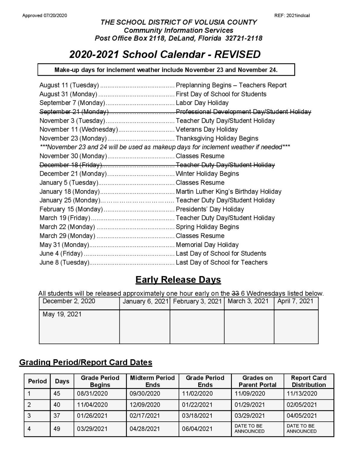 Volusia County Schools Calendar 20202021 in PDF