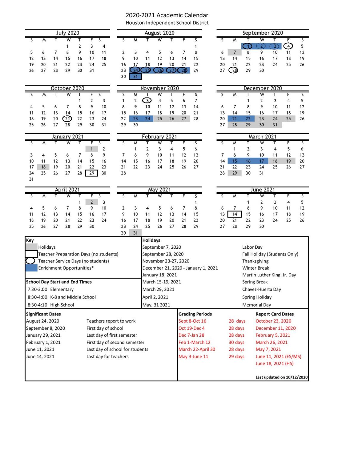Houston Independent School District Calendar 2020 2021