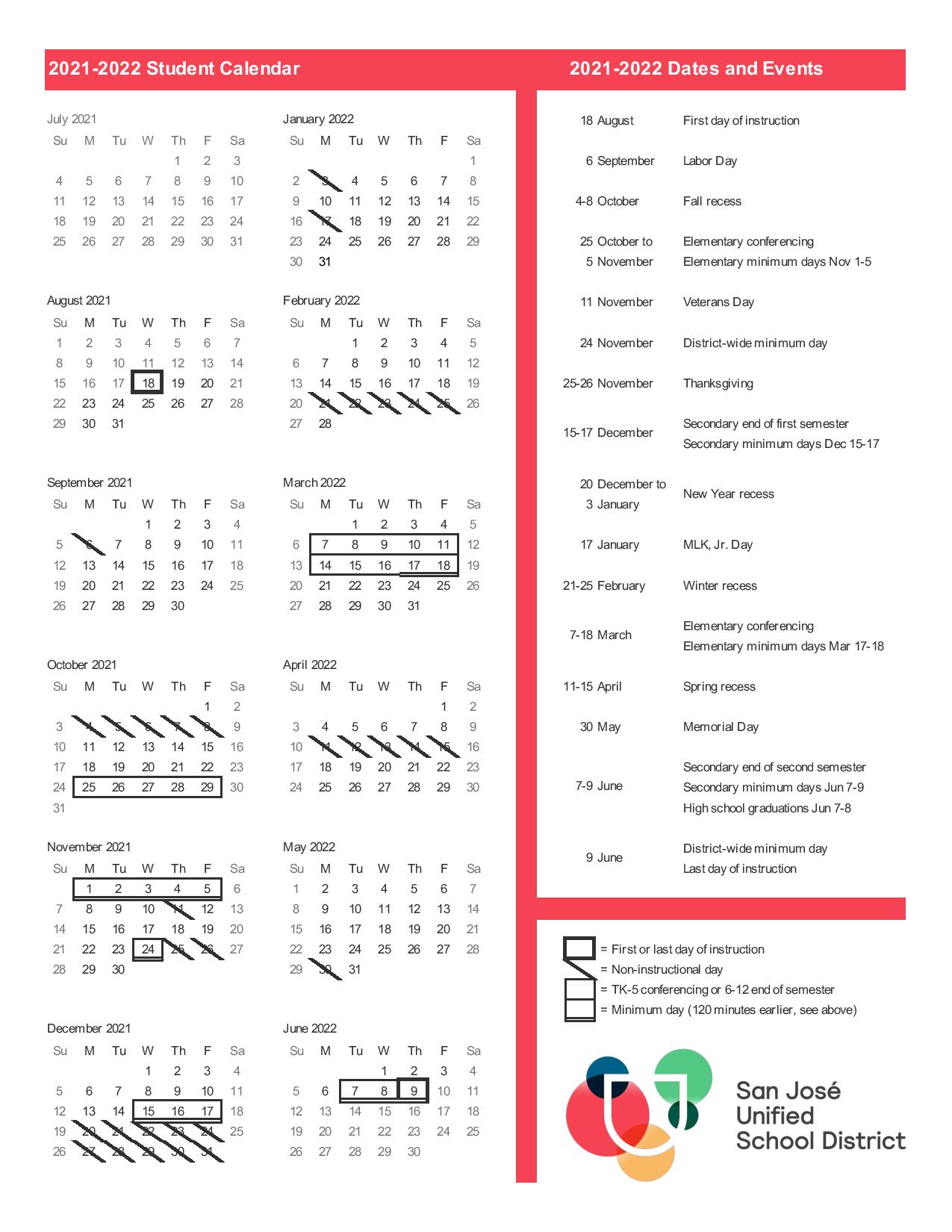 Sjusd Calendar 2022 2023 San Jose Unified School District Calendar 2021-2022