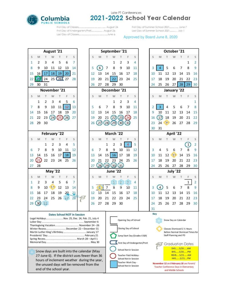 Columbia Public Schools Calendar 20212022 in PDF