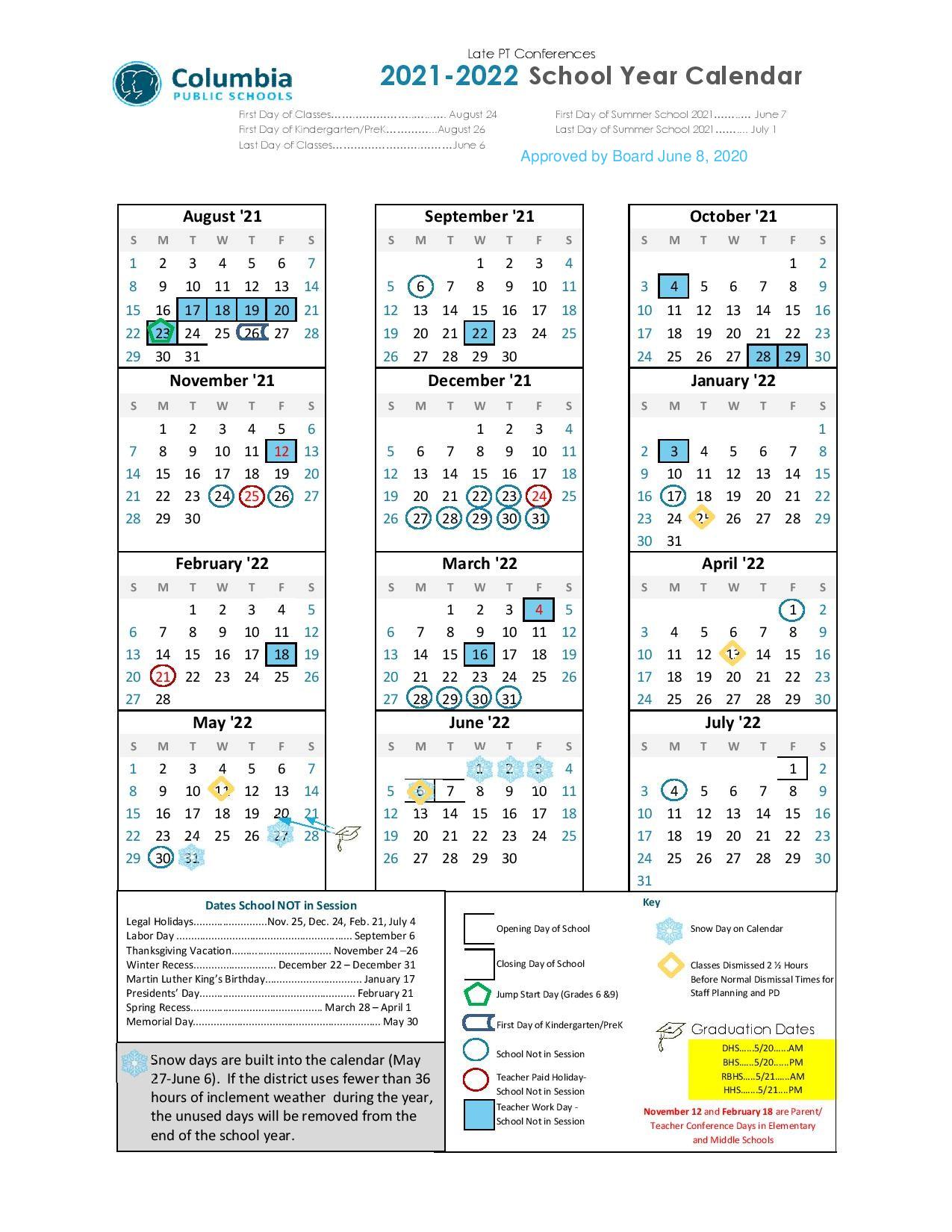 Columbia Public Schools Calendar 2021 2022 In Pdf