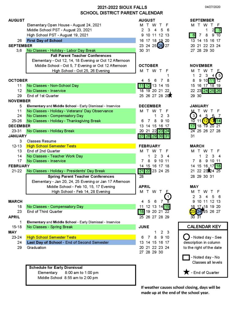 Sioux Falls School District Calendar 20212022 Academic Calendar