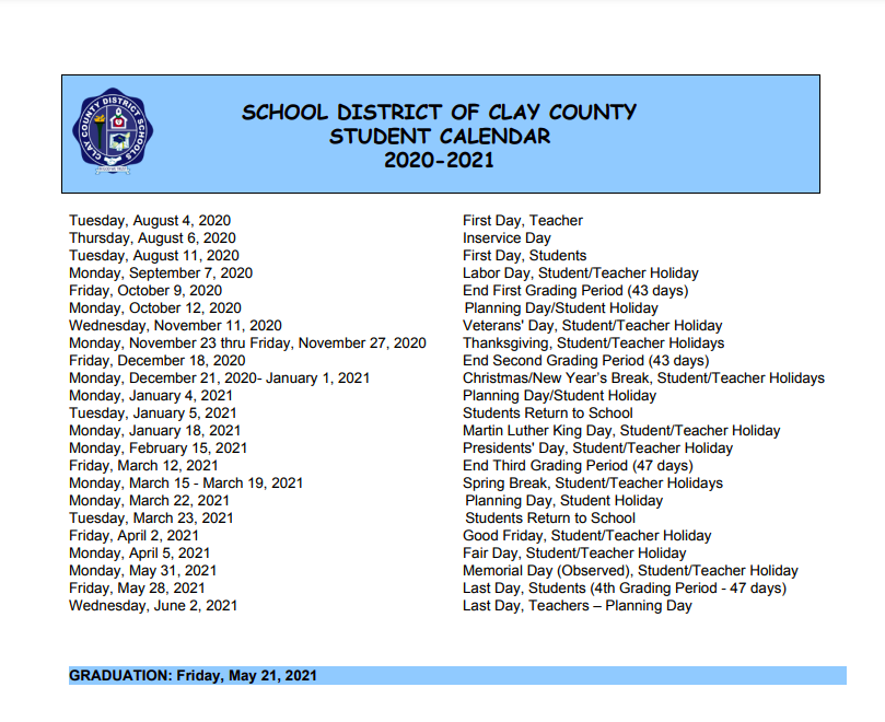 Clay County School District Calendar 2020-2021 in PDF