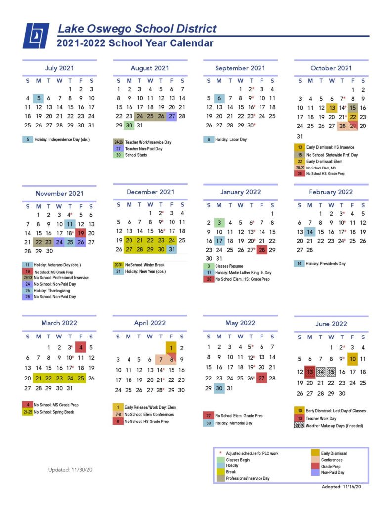 Lake Oswego School District Calendar 2021 2022 PDF