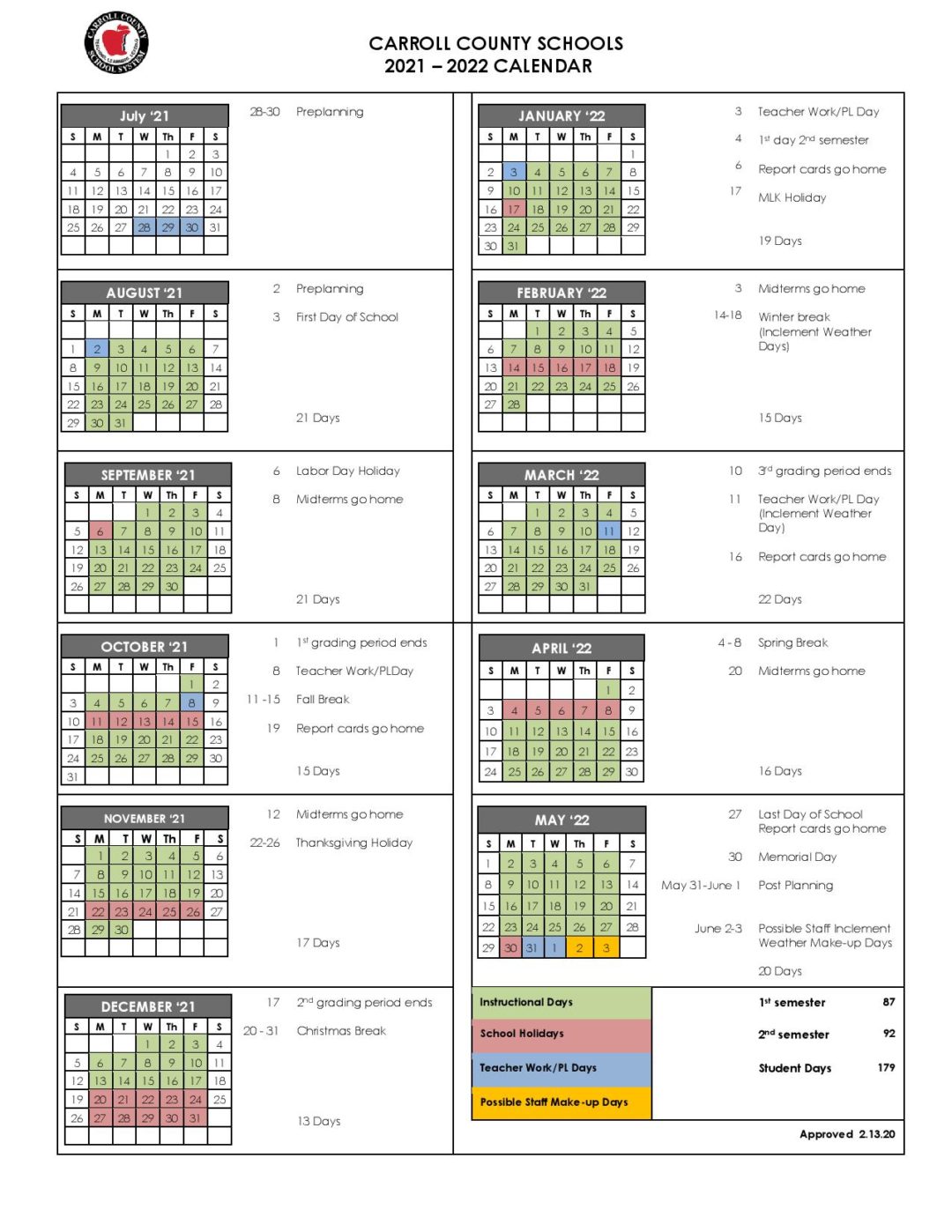 Carroll County Schools Calendar 20212022 in PDF