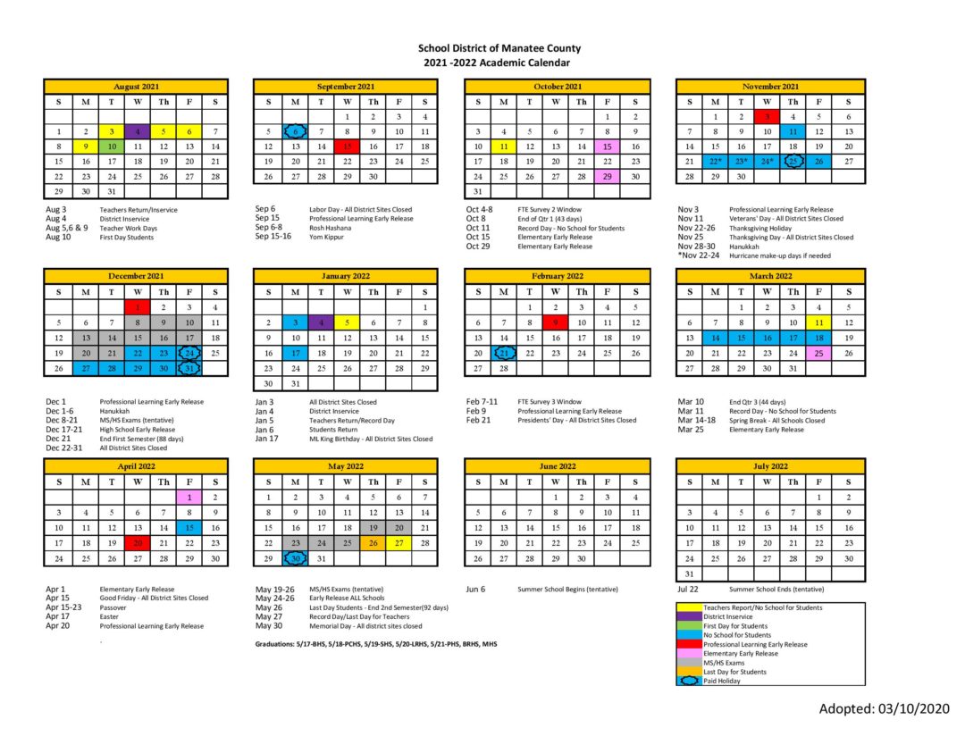Manatee County School District Calendar 2021 2022