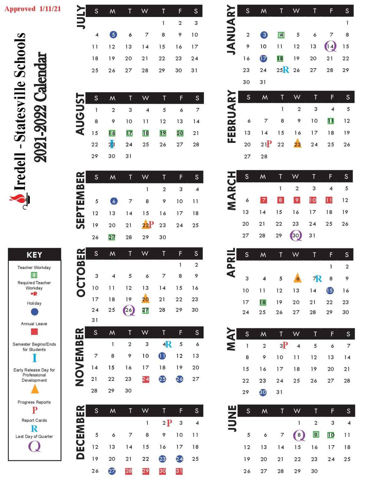 Iredell Statesville Schools Calendar 2021-2022 in PDF