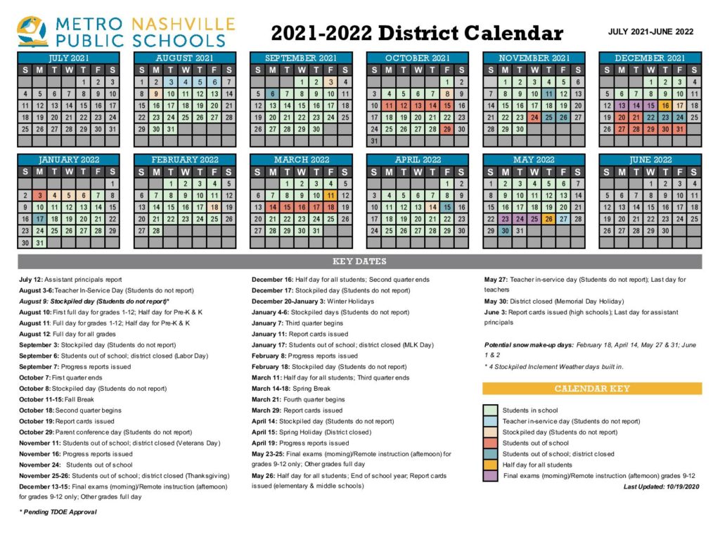 Metro Nashville Public Schools Calendar 2021 2022