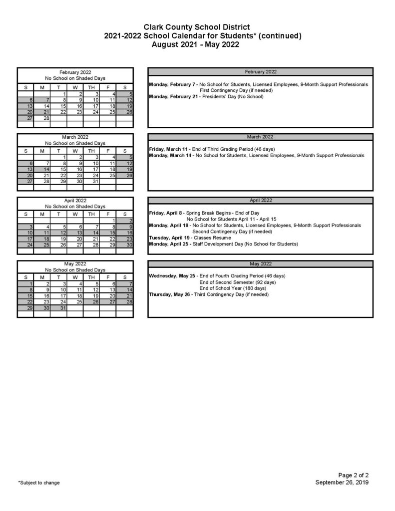 CCSD School Calendar 2021-2022 - Clark County School District