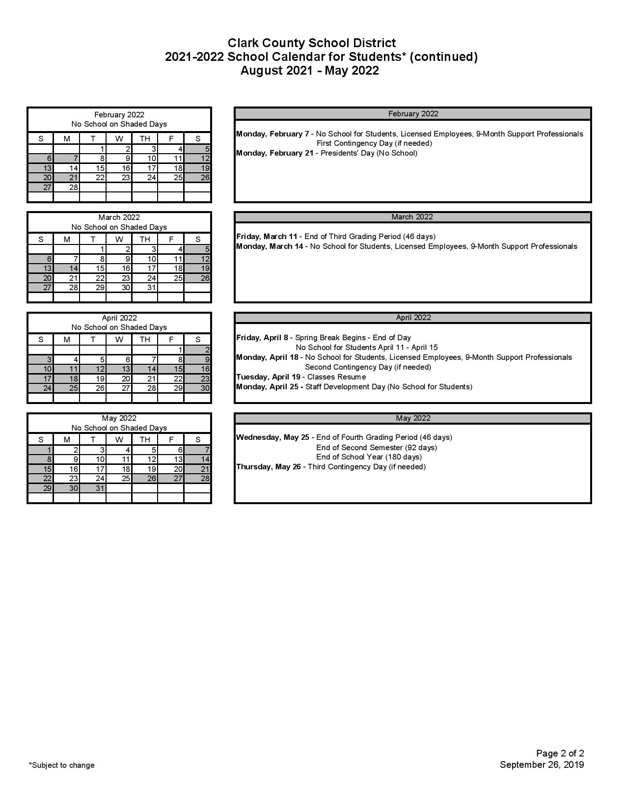 Ccsf Spring 2022 Calendar Ccsd School Calendar 2021-2022 - Clark County School District