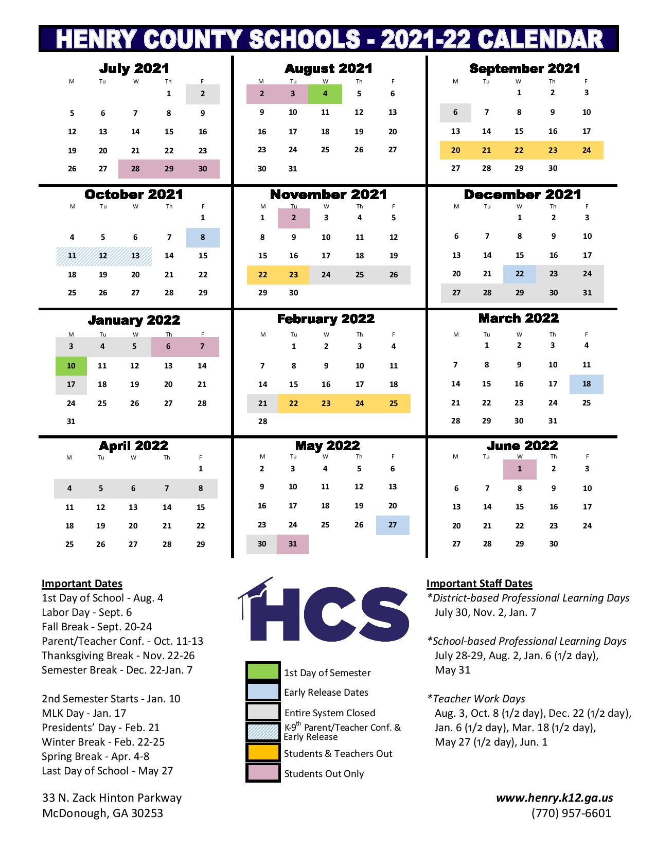 Henry County School Calendar 2021-2022 in PDF