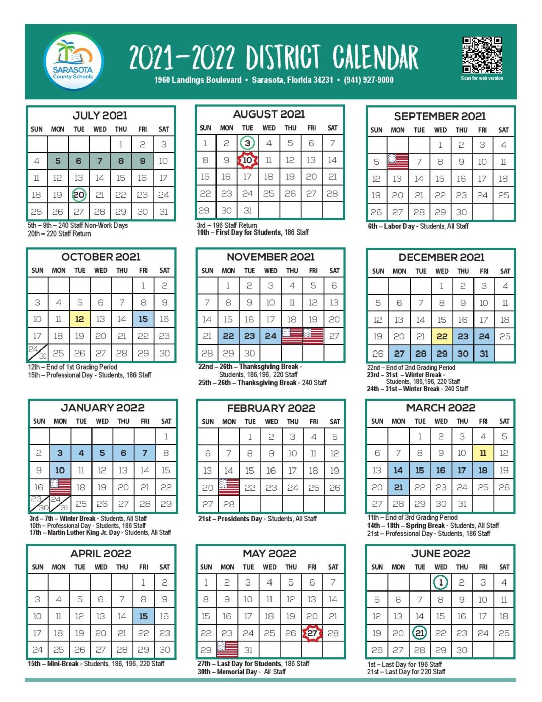 Sarasota County School Calendar 20212022 in PDF