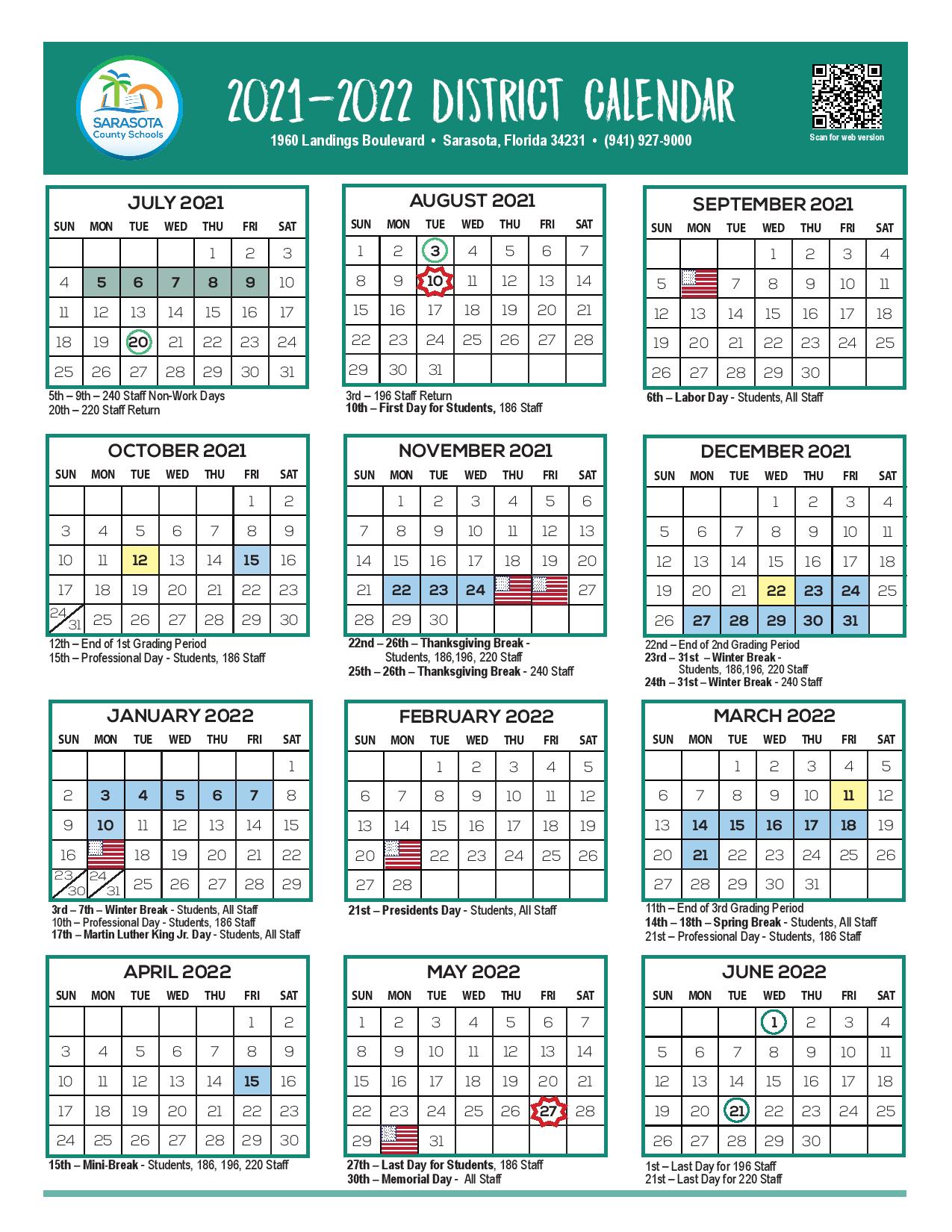 Sarasota County School Calendar 2021 2022 in PDF