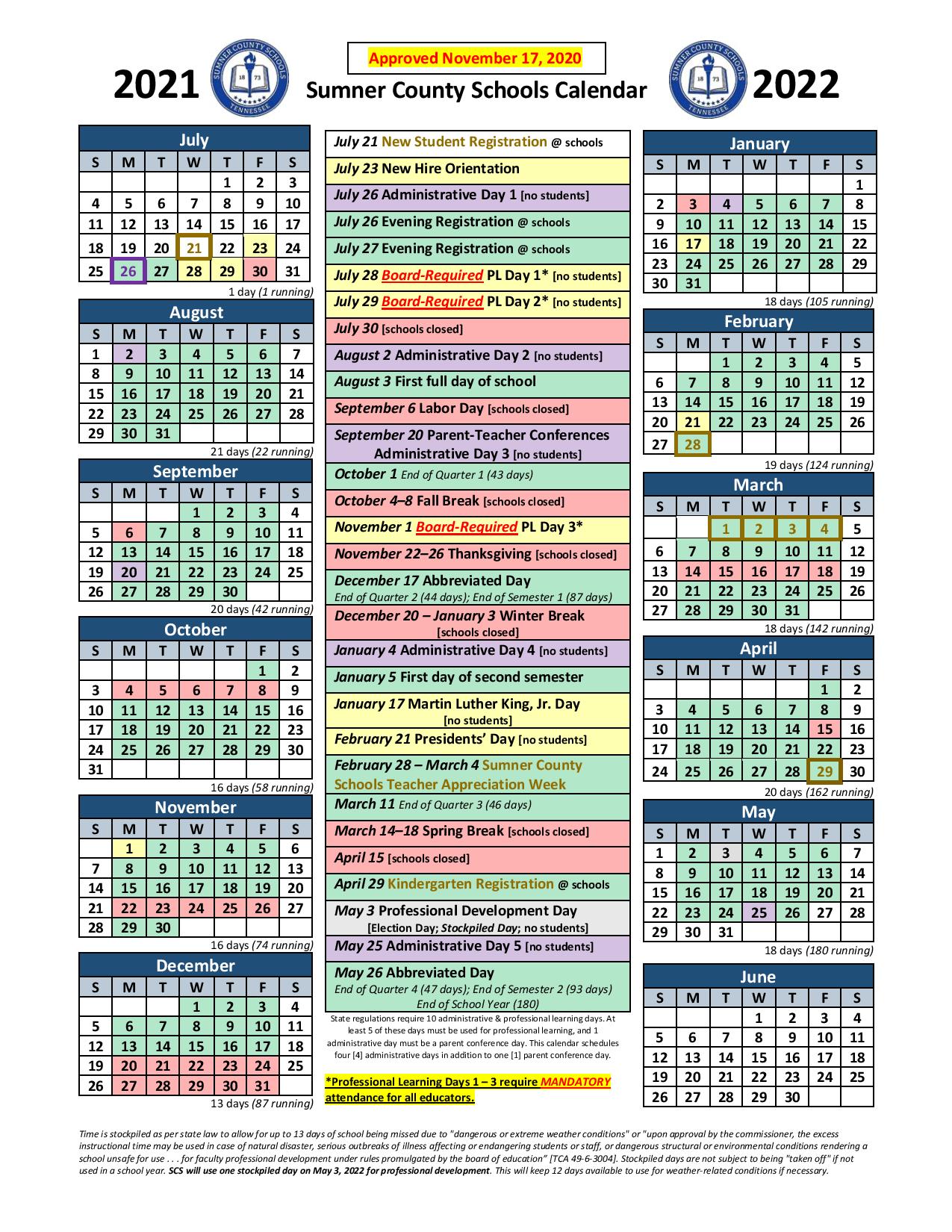 Sumner County School Calendar Holidays 2021-2022