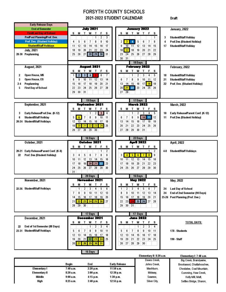Forsyth County School Calendar 2021 2022 In PDF