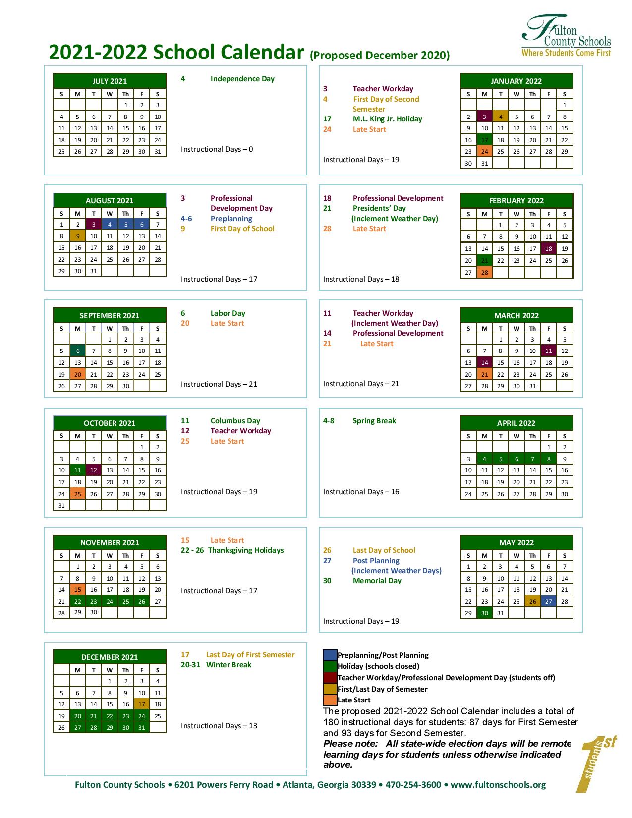 Fulton County School Calendar 2021 2022 In Pdf