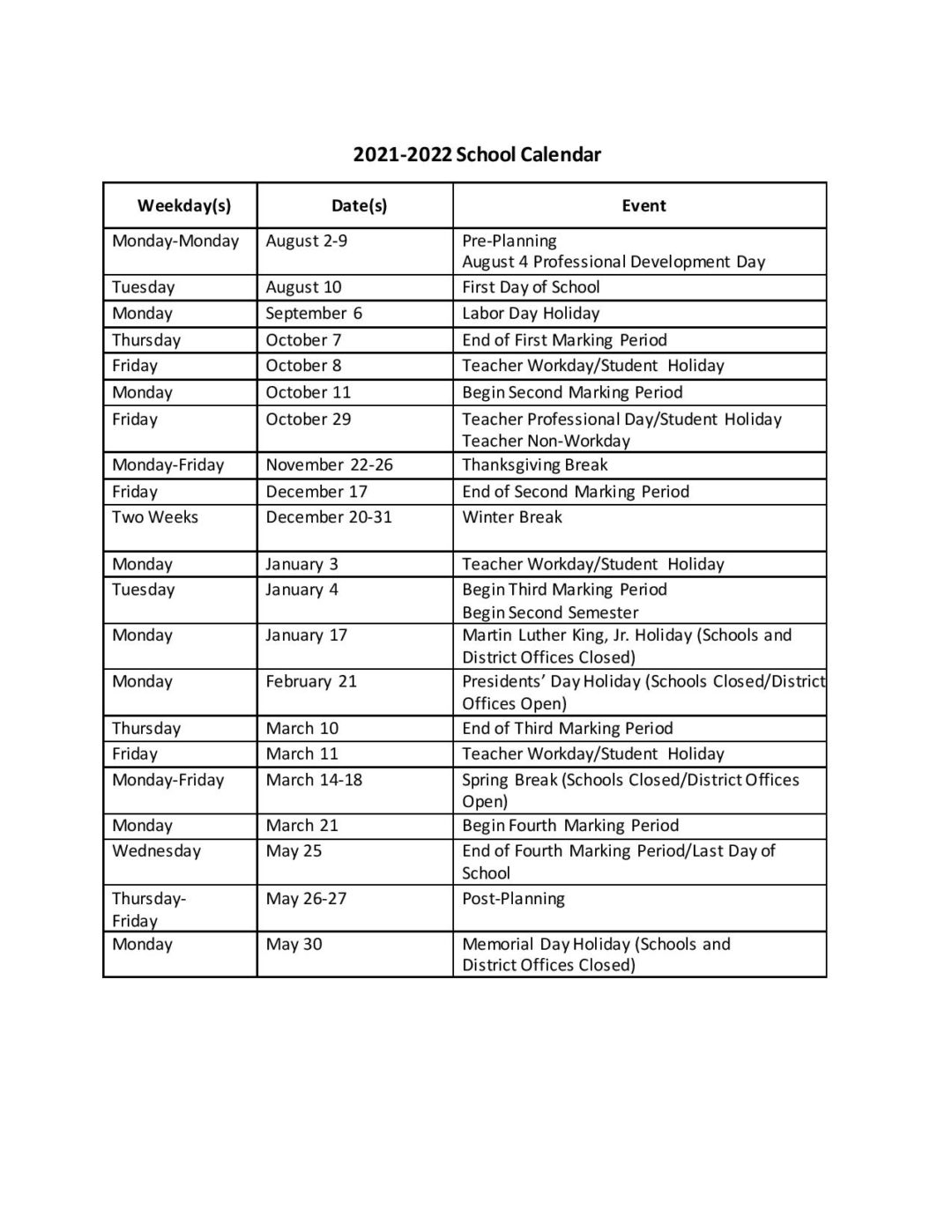 Orange County Public School Calendar 2021 2022