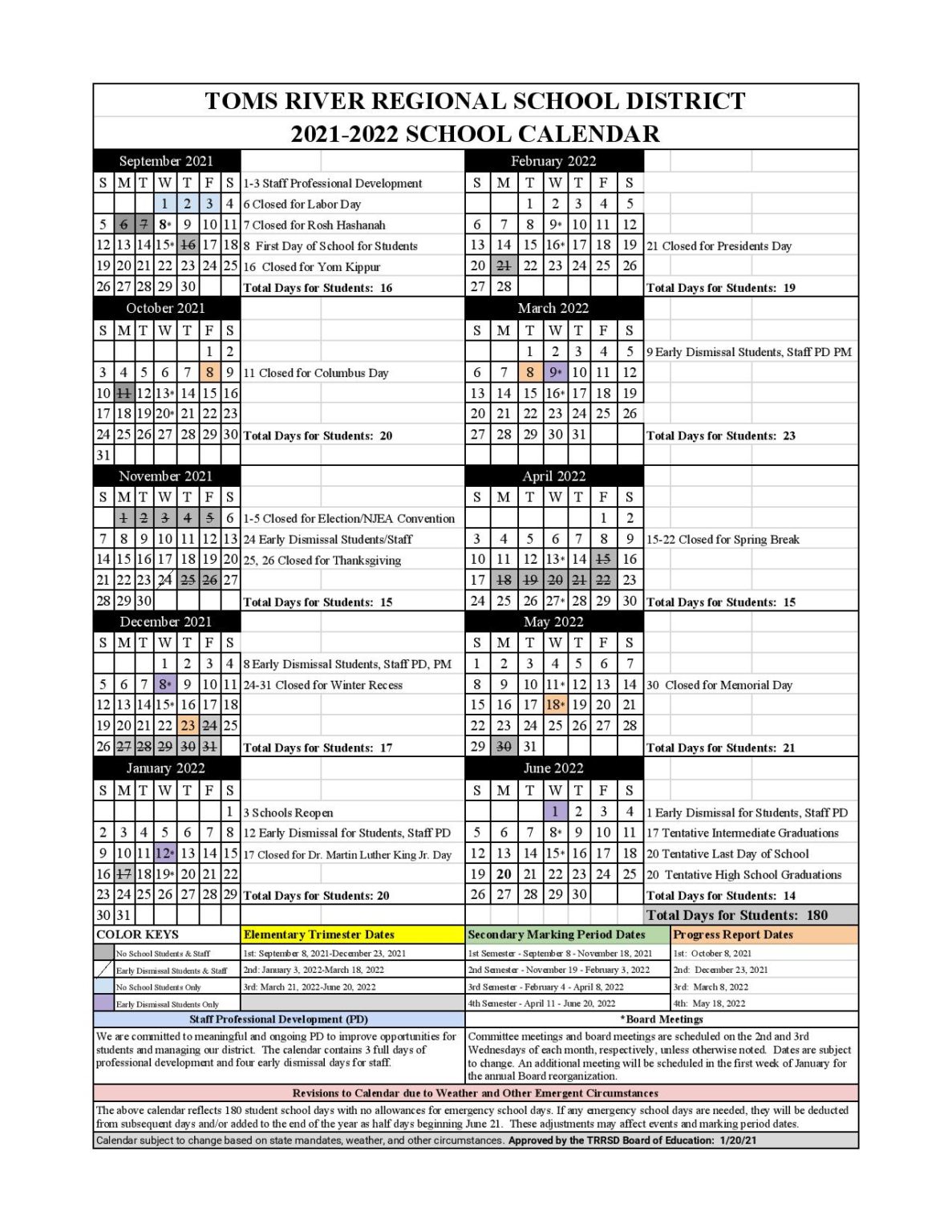 Toms River School District Calendar 20212022 in PDF