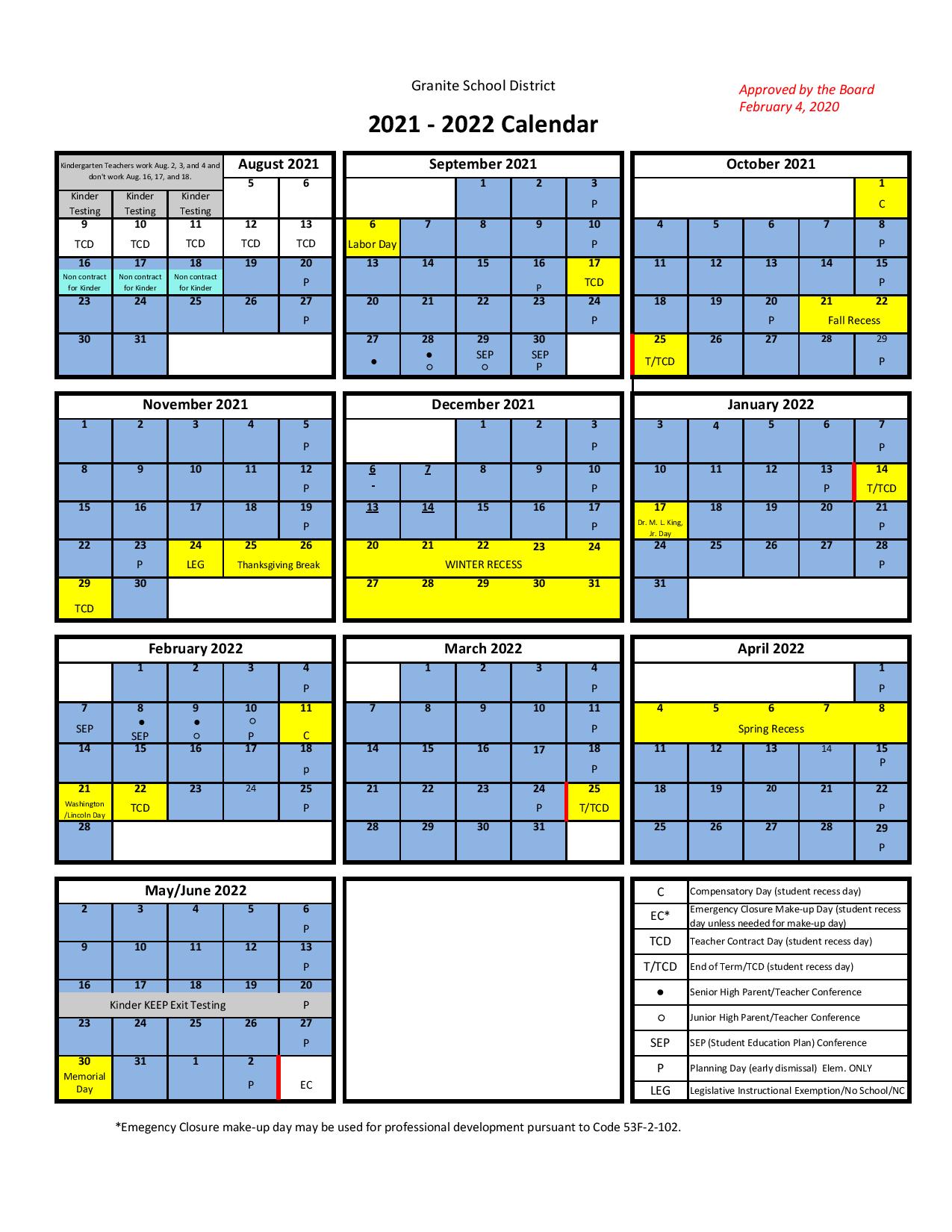 Granite School District Calendar 2021 2022 in PDF