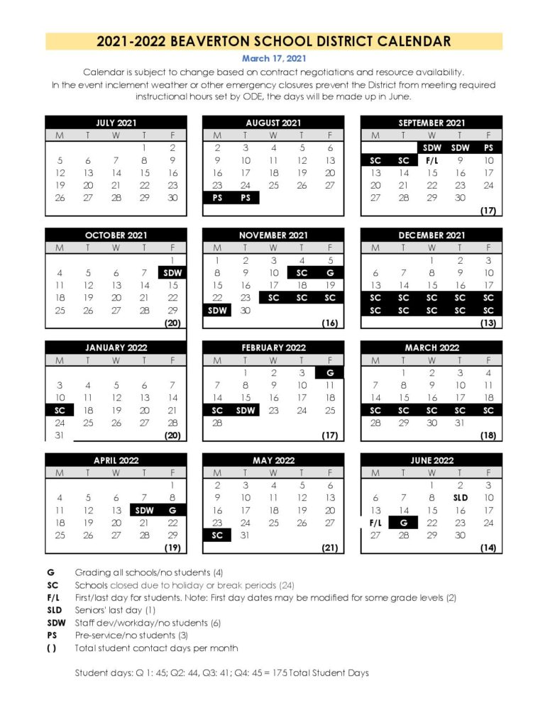 Beaverton School District Calendar 2021 2022 Holidays