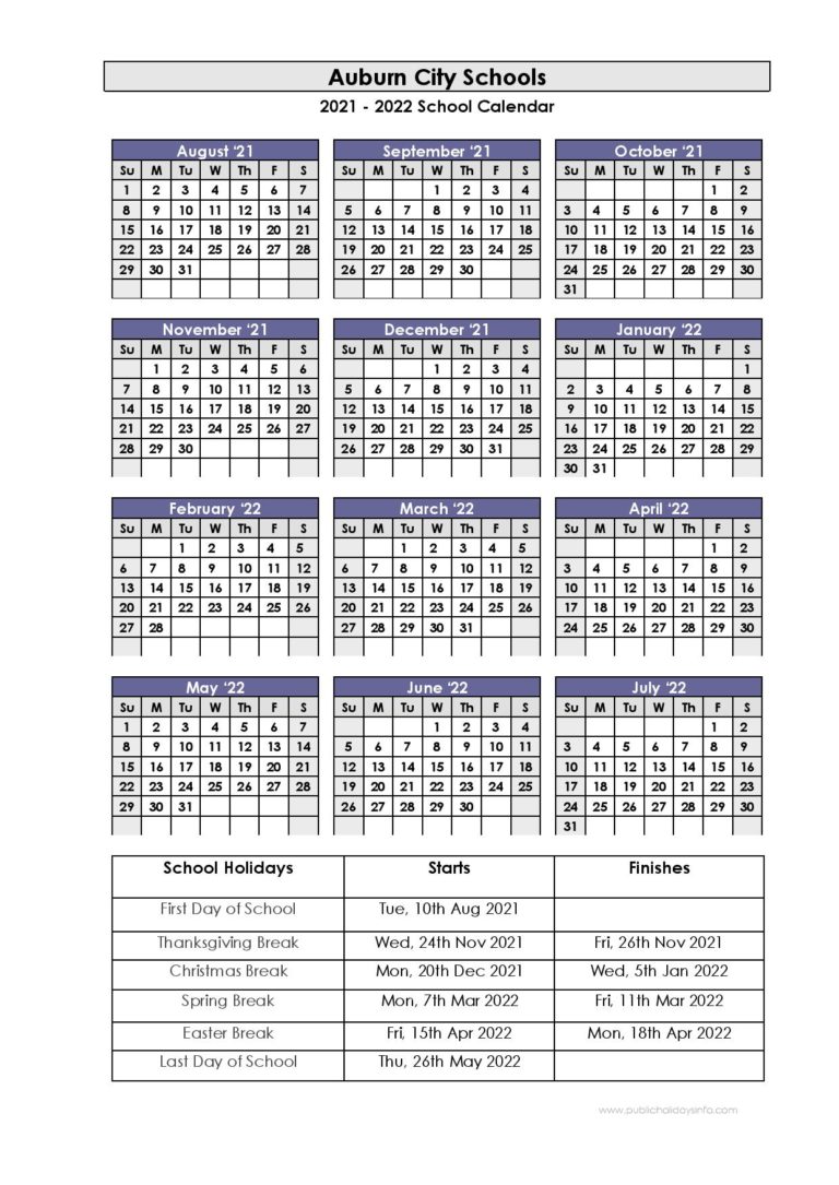 Auburn City Schools Calendar 2021-2022 in PDF Format