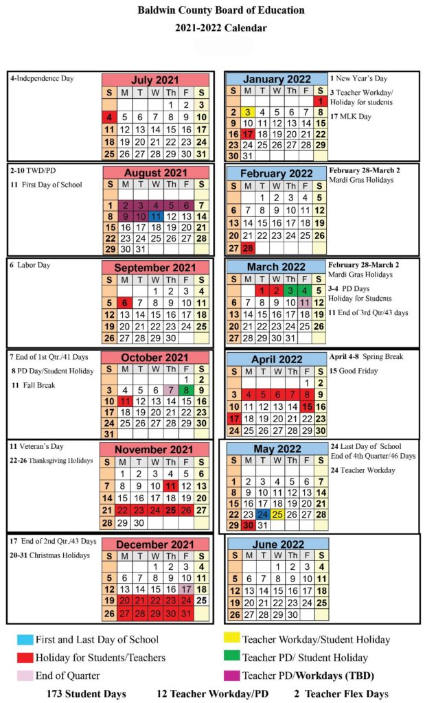 Baldwin County Public Schools Calendar 2021 2022