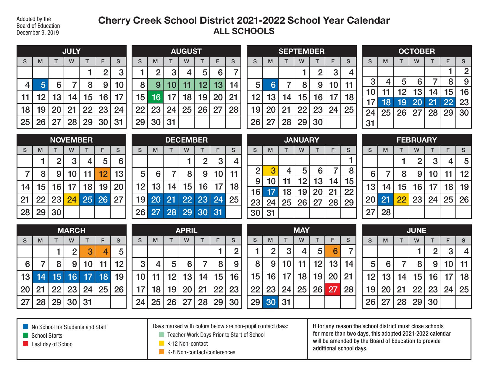 Cherry Creek School District Calendar Holidays 2021 2022