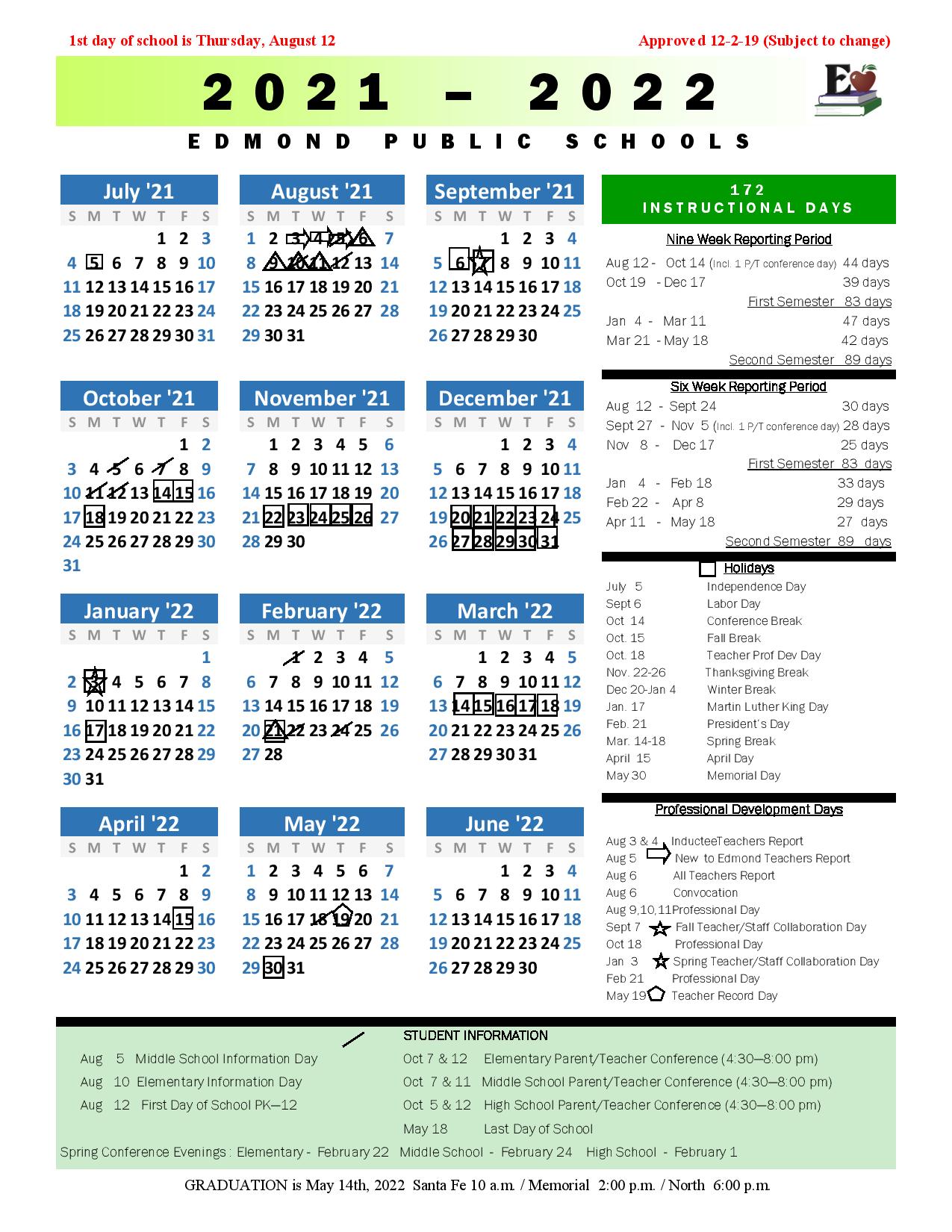 Edmond Public Schools Calendar 2021 2022 in PDF