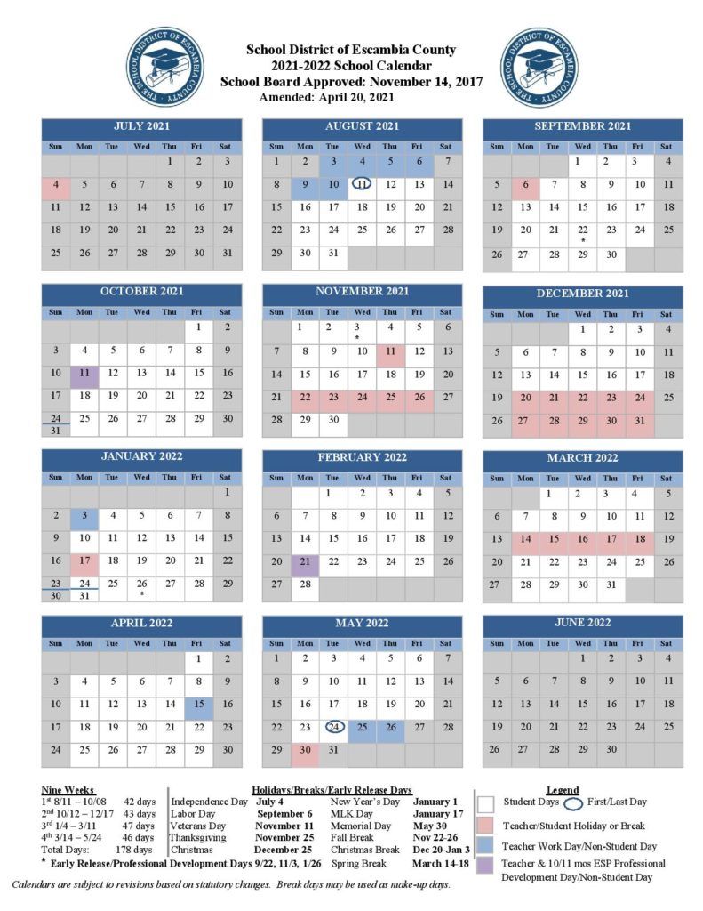 Escambia County School District Calendar 2021-2022