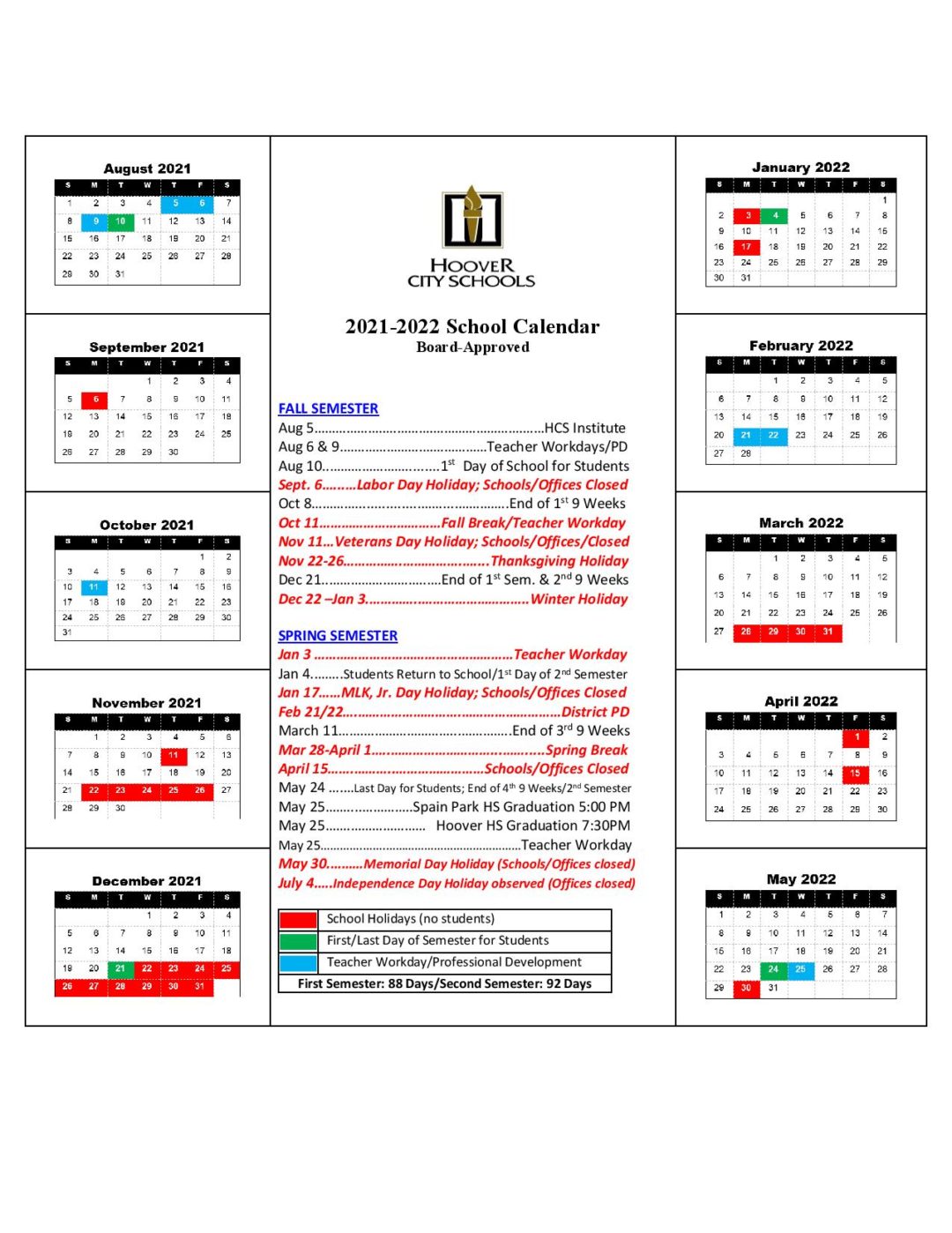 Hoover City Schools Calendar Holidays 2021-2022