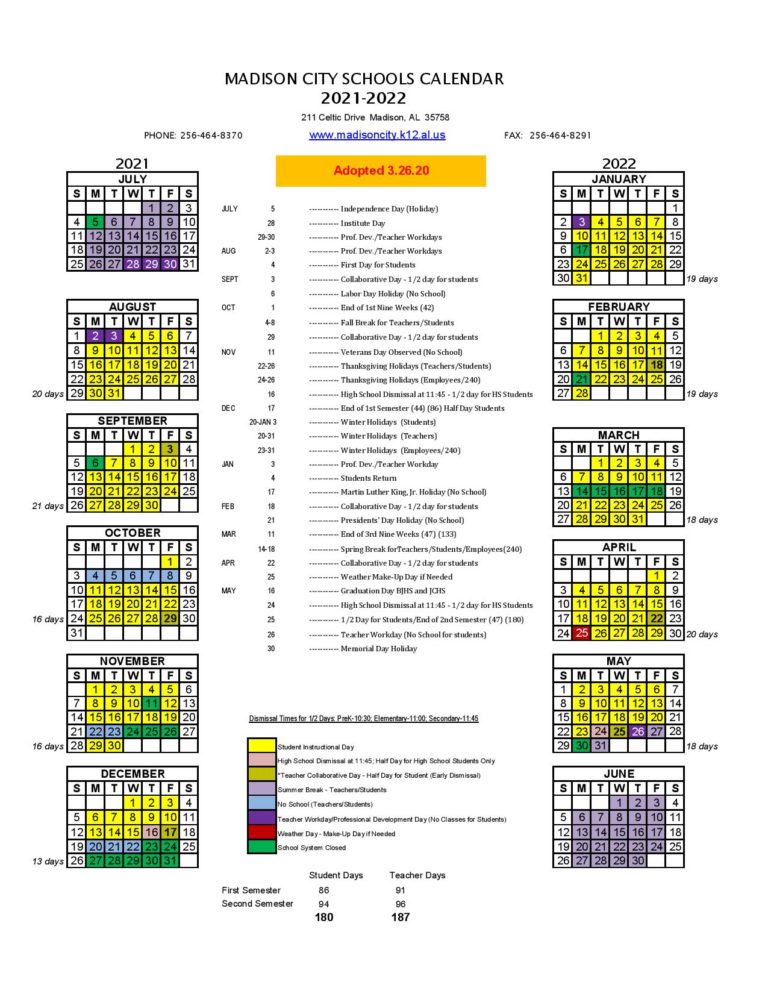 Madison City Schools Calendar 20212022 in PDF