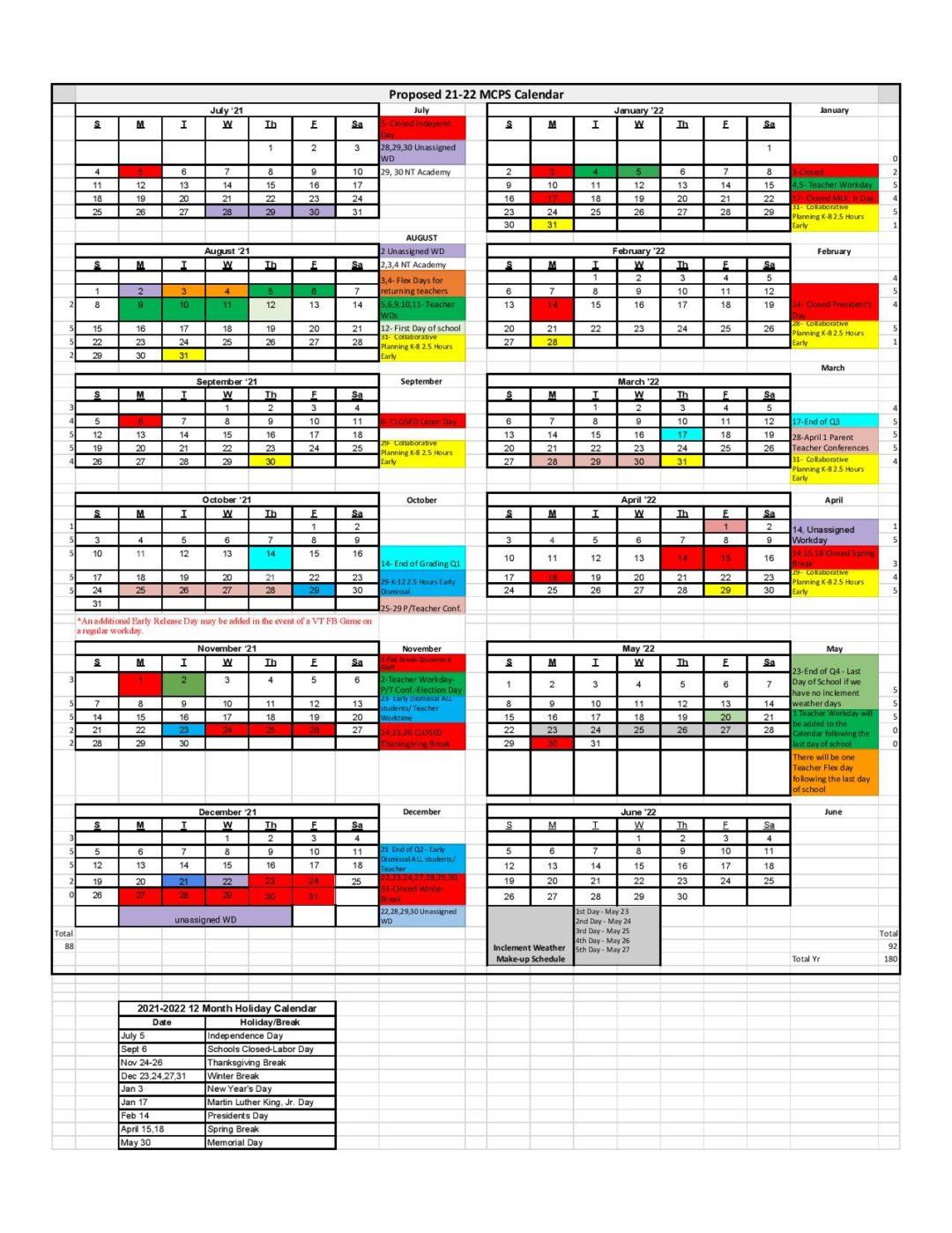 Montgomery County Schools Calendar 2021-2022 in PDF