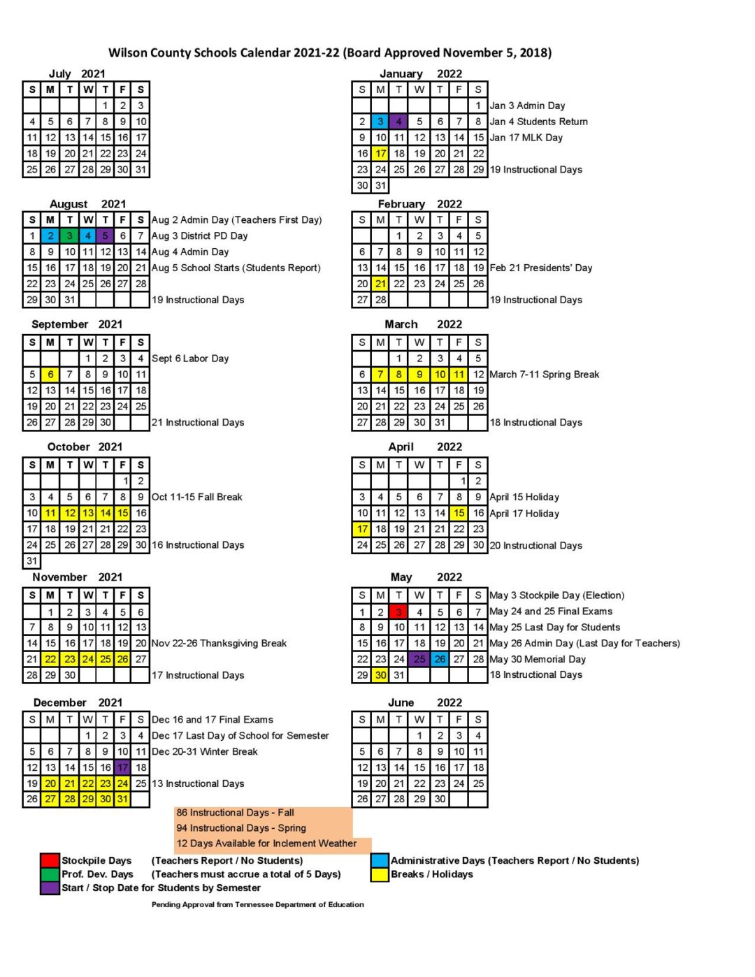 Wilson County Schools Calendar 20212022 in PDF