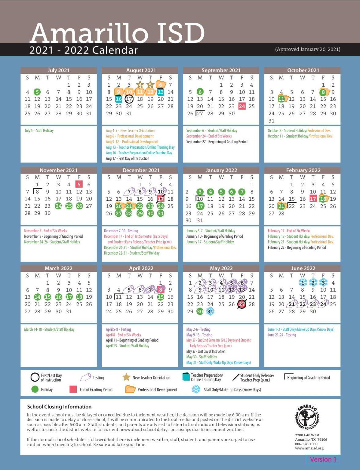 Amarillo Independent School District Calendar 20212022
