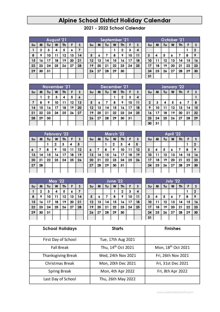 Alpine School District Calendar 20212022
