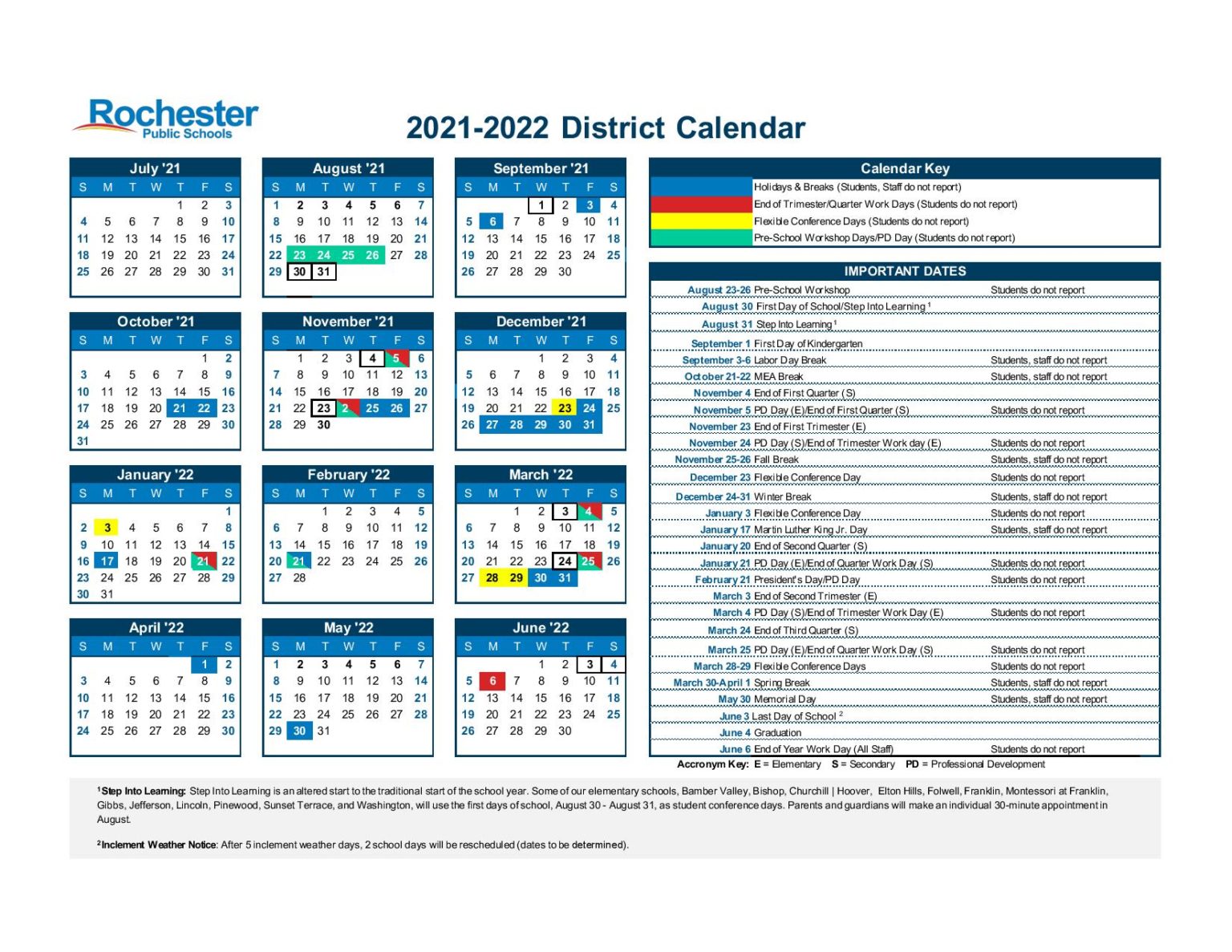 Rochester Public Schools Calendar 2021 2022 in PDF