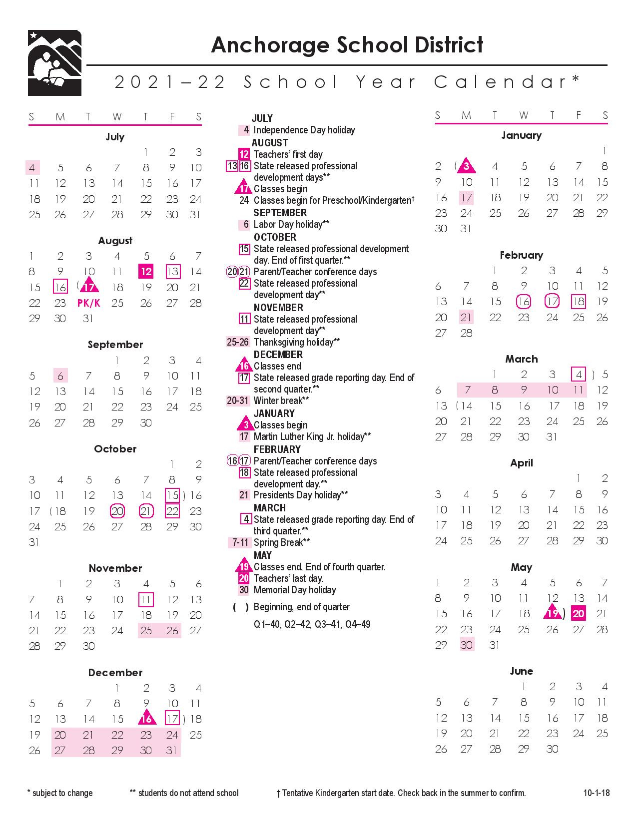 Anchorage School District Calendar 2021 and 2022