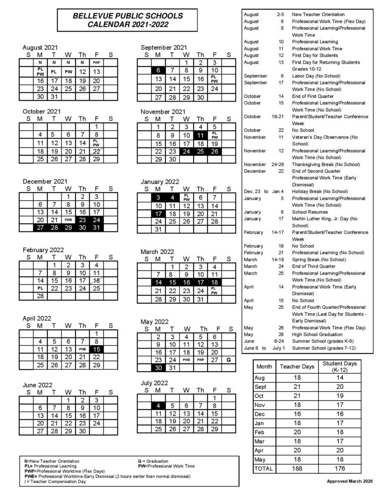 Bellevue School District Calendar 20212022 in PDF