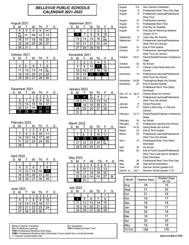 Bellevue School District Calendar 2021-2022 in PDF