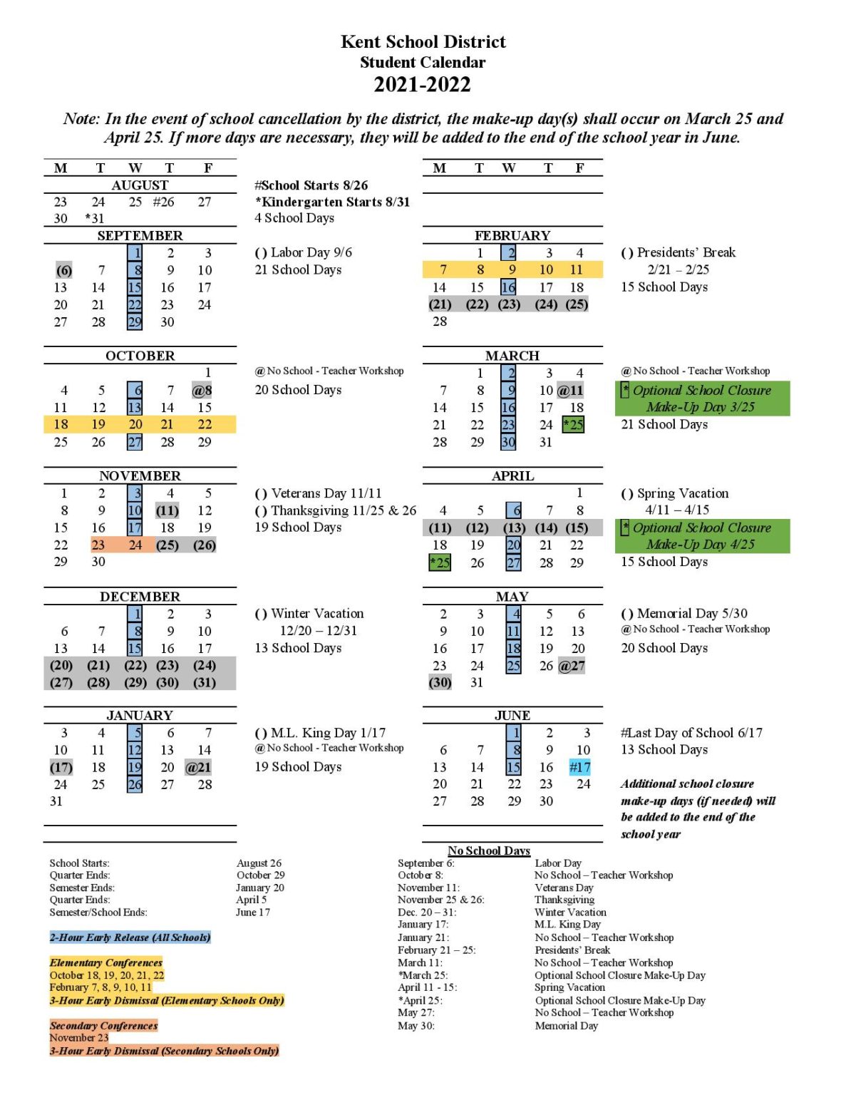 Kent School District Calendar 20212022 in PDF Download Here
