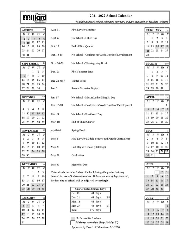 Millard Public Schools Calendar 20212022 in PDF